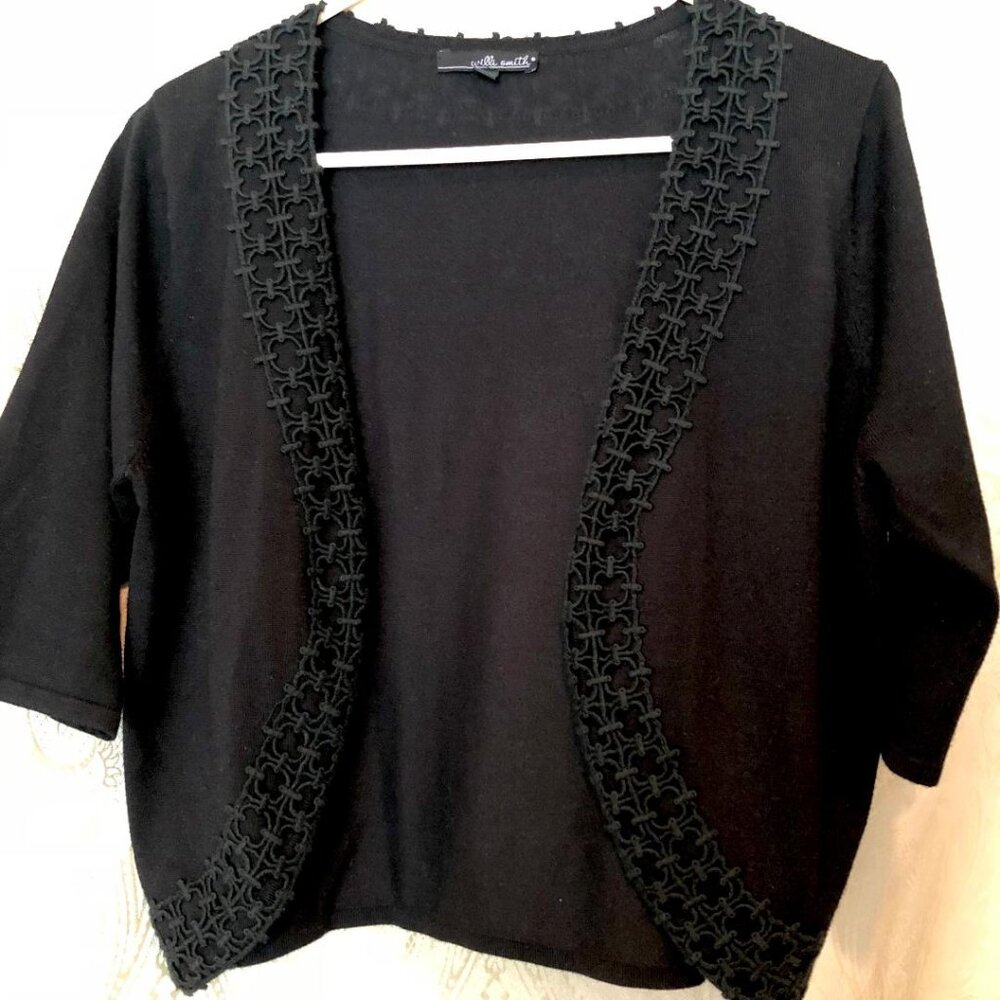 WilIi Smith, Black, bolero/cropped, open front, cardigan, 3/4 sleeves, Sz: Med